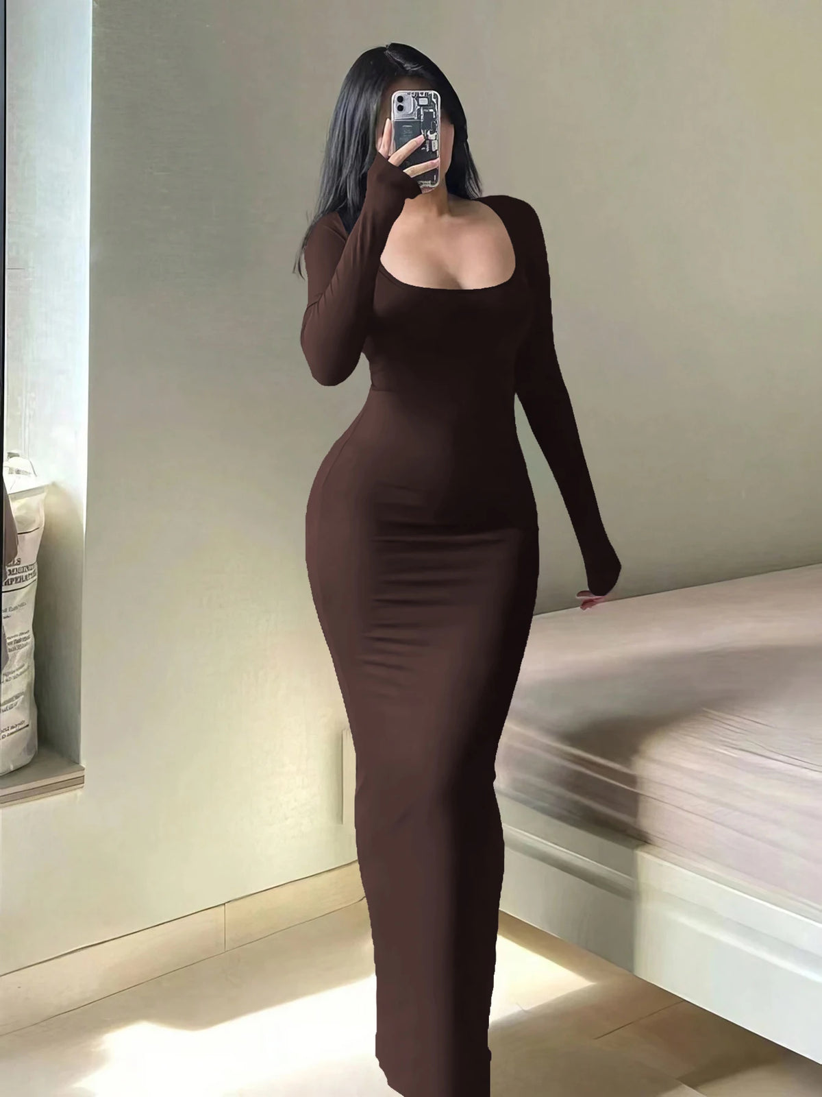 Robe Longue Bodycon à Manches Longues