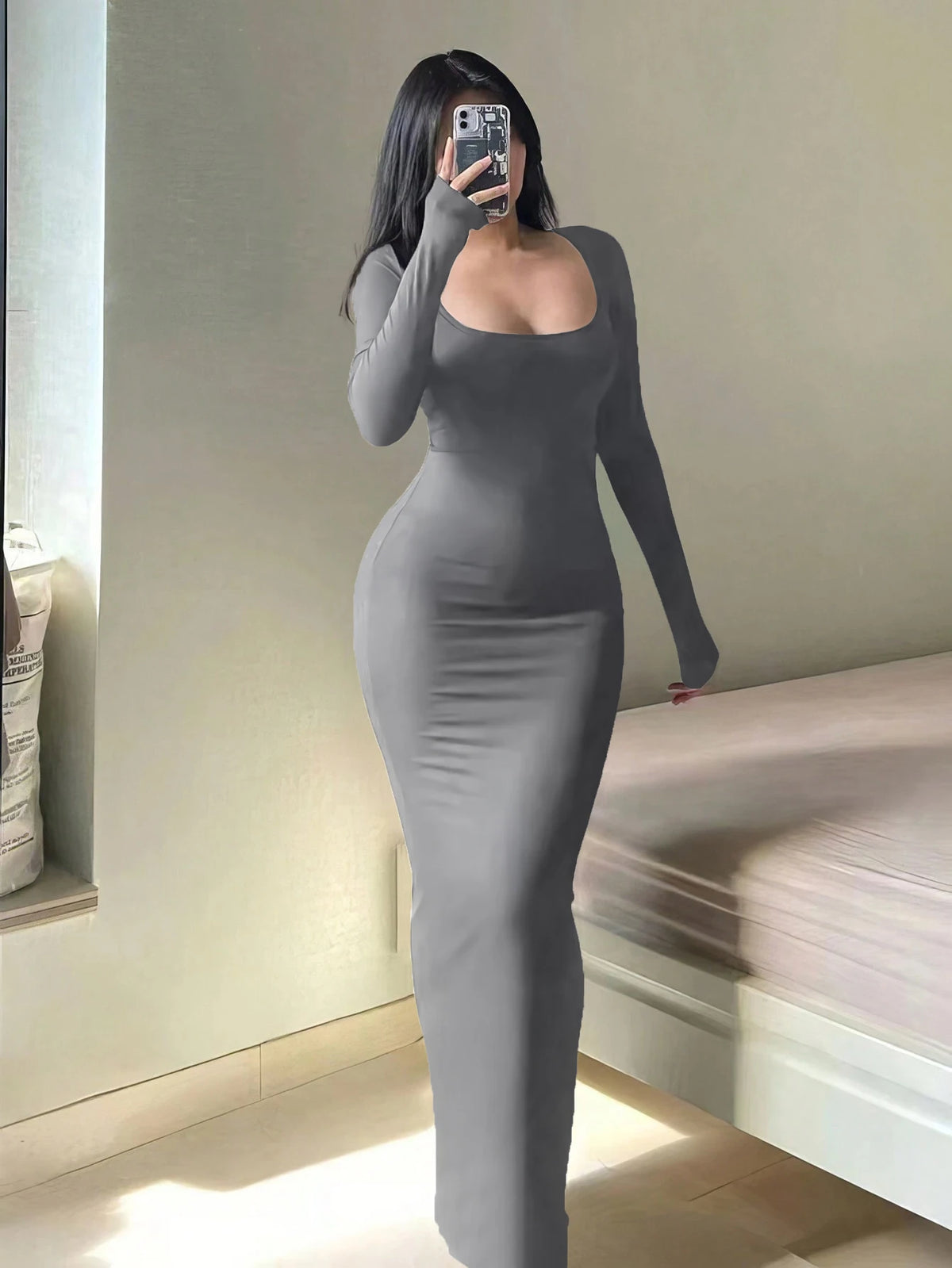 Robe Longue Bodycon à Manches Longues