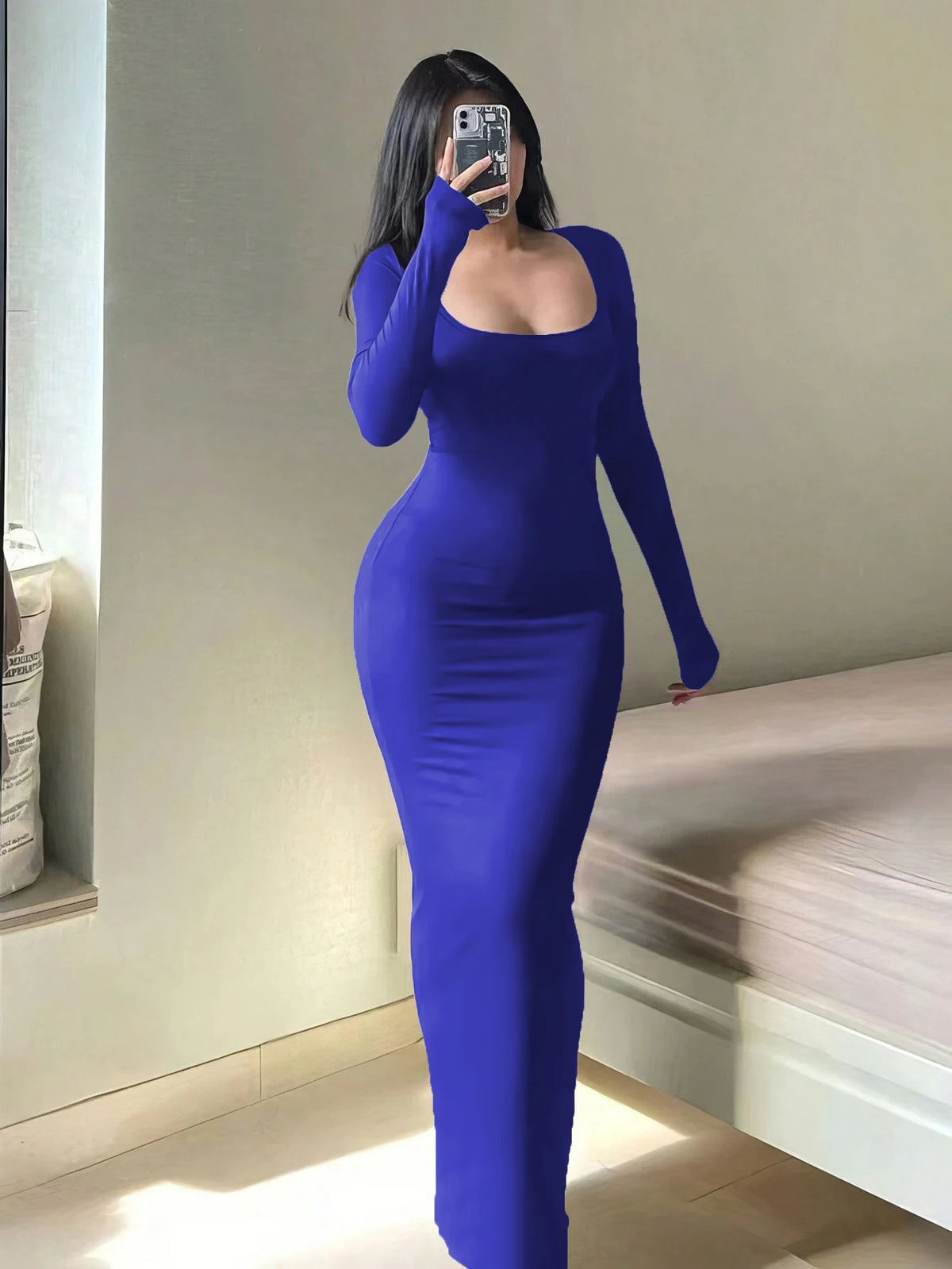 Robe Longue Bodycon à Manches Longues