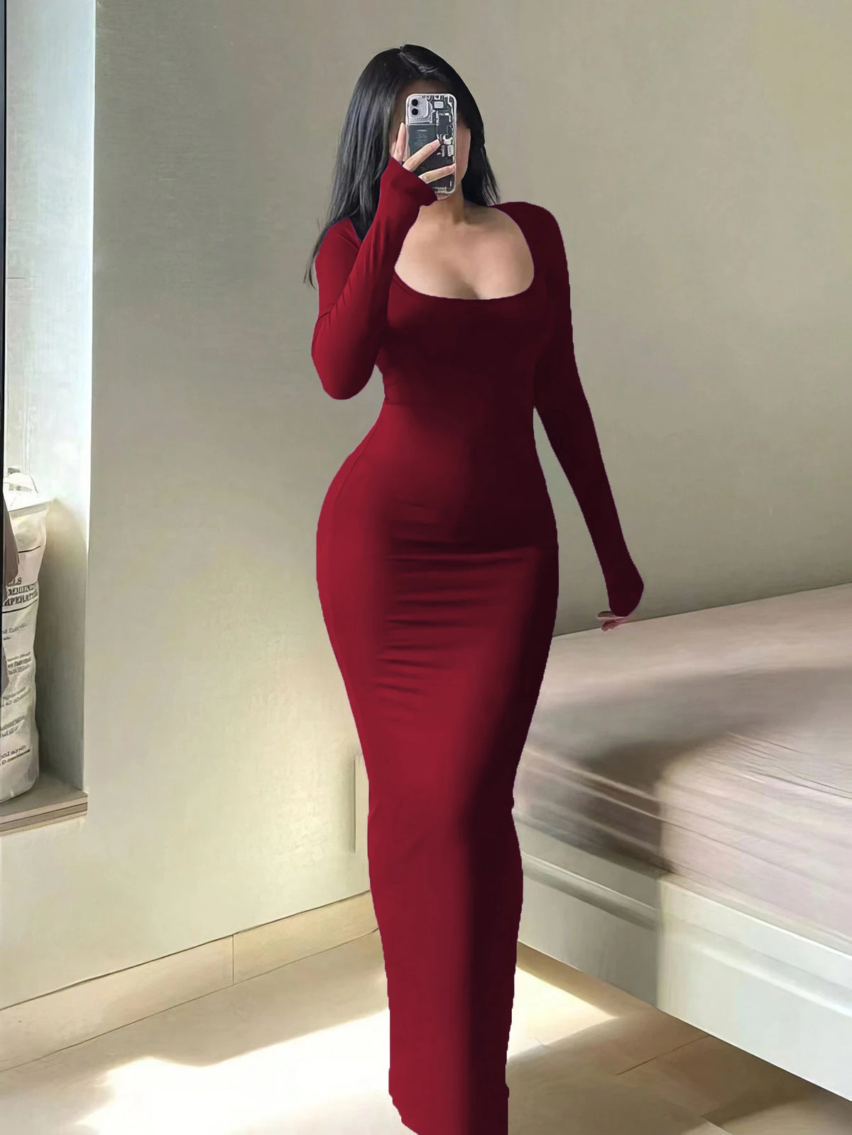 Robe Longue Bodycon à Manches Longues