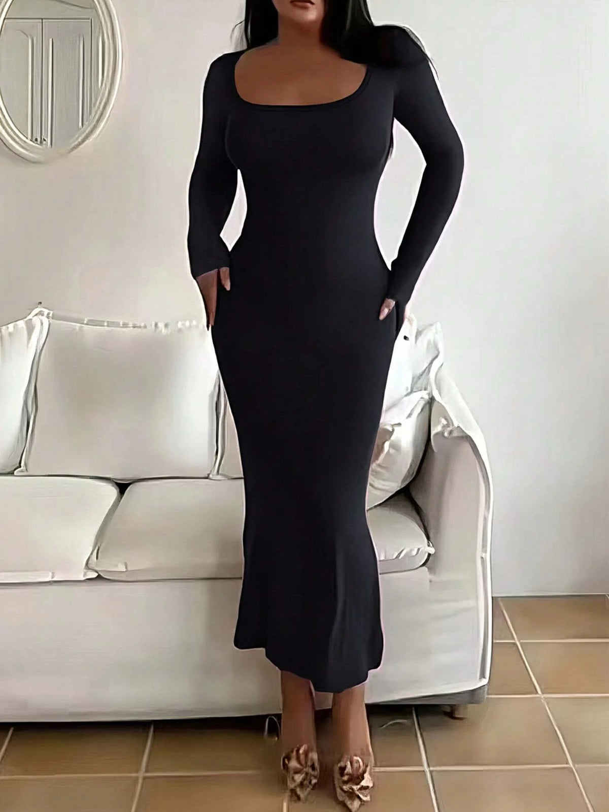 Robe Longue Bodycon à Manches Longues