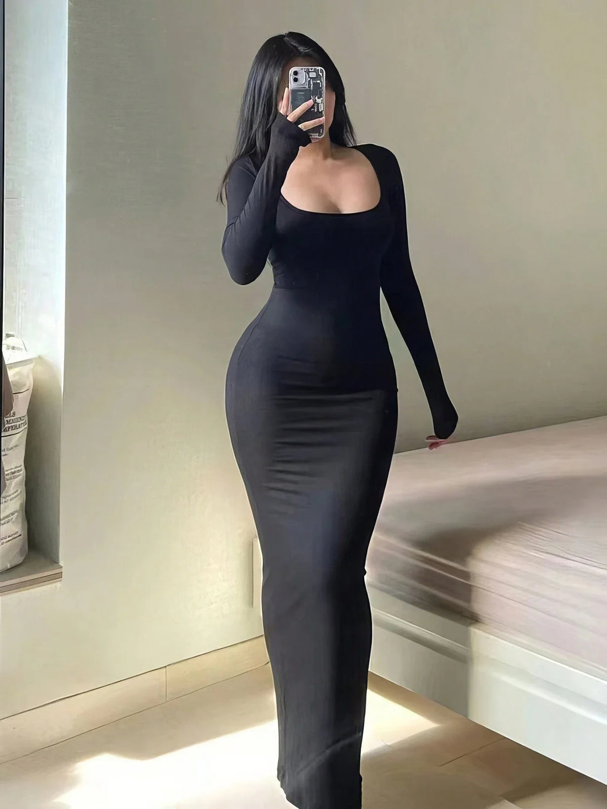 Robe Longue Bodycon à Manches Longues
