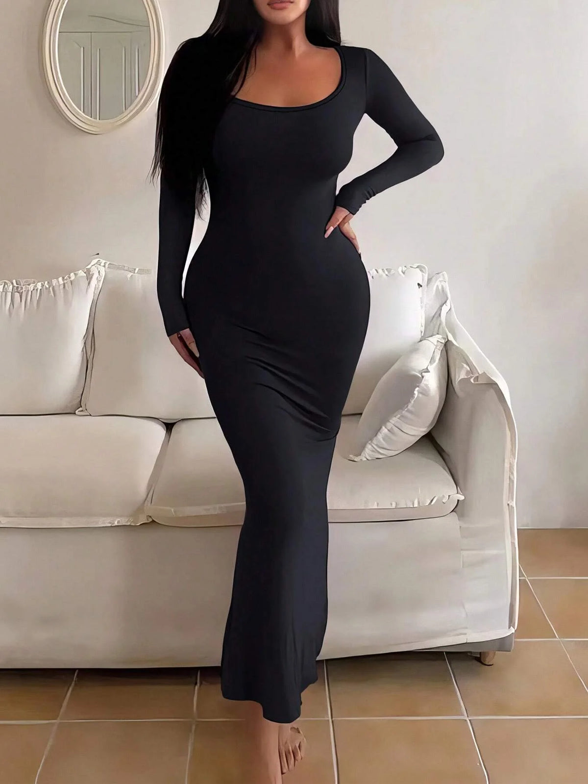 Robe Longue Bodycon à Manches Longues